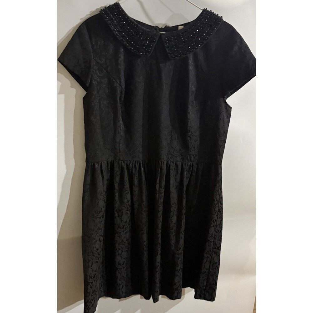 Kensie Black Floral Jacquard Collared Beaded Fit & Flare Dress Women’s XL